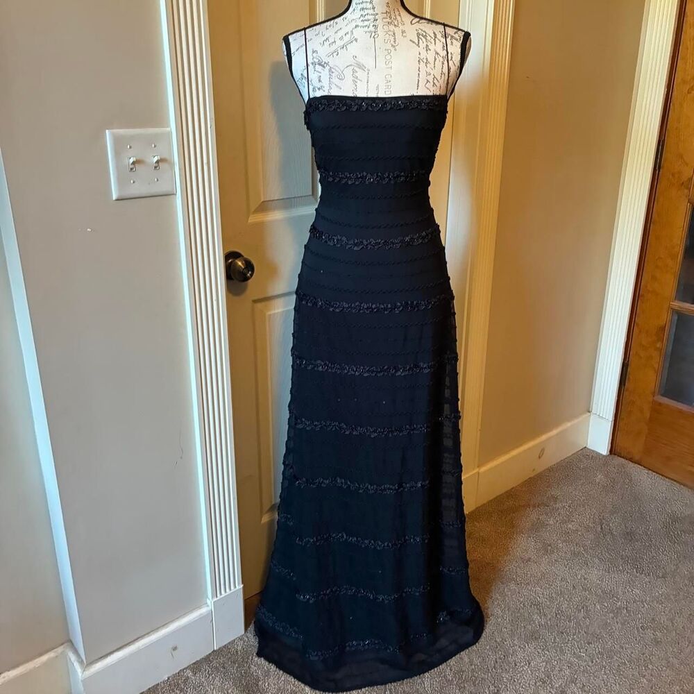 JS Collections Vtg Y2K Whimsigoth Black Tiered Beaded Ruffle Formal Prom Dress